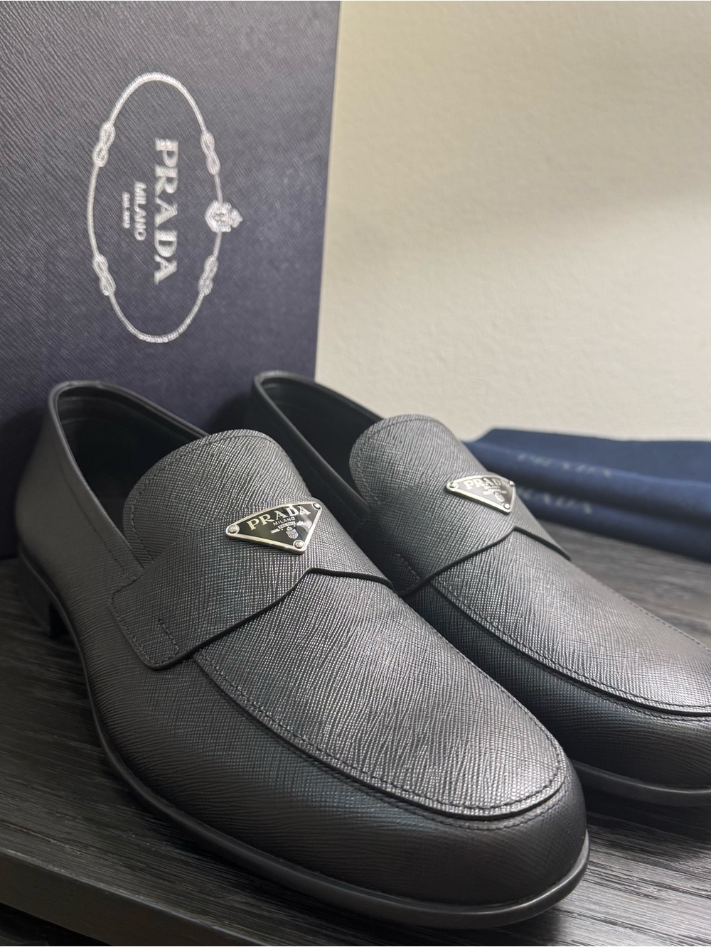 Prada Saffiano Triangle Logo Leather Dress Shoe Loafers 13 - Picture 3 of 9